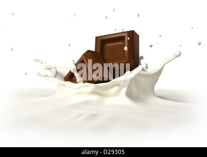 Deux blocs de chocolat lait en formant une couronne splash. Sur fond blanc, avec chemin de détourage inclus. Banque D'Images