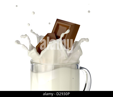 Deux blocs de chocolat les projections dans une tasse en verre plein de lait frais, vue rapprochée, sur fond blanc, avec chemin de détourage. Banque D'Images