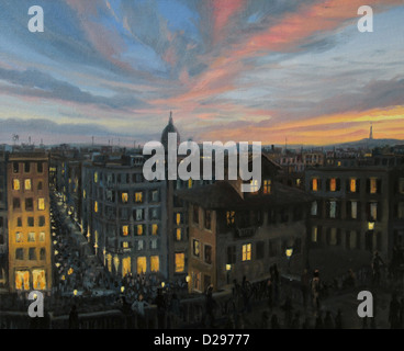 Une peinture à l'huile sur toile d'une vue panoramique sur le coucher du soleil de la capitale de l'Italie, Rome, du haut de la place d'espagne. Banque D'Images