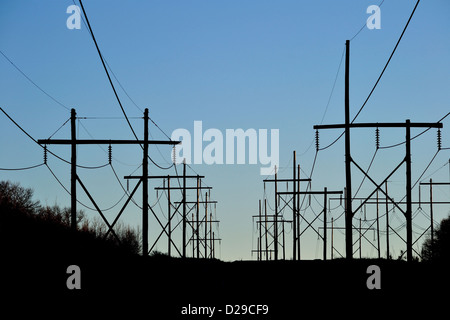 Lignes électriques aériennes et des poteaux silhouetté contre un ciel bleu foncé. Banque D'Images