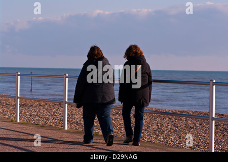Vue arrière des deux Femmes marchant ensemble portant des manteaux Banque D'Images