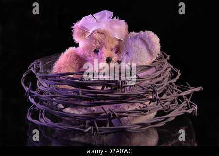 Dans le centre de barbelés, deux peu peur teddy-bears, attente... Banque D'Images