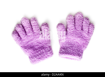 Gants tricot rose sur fond blanc Banque D'Images