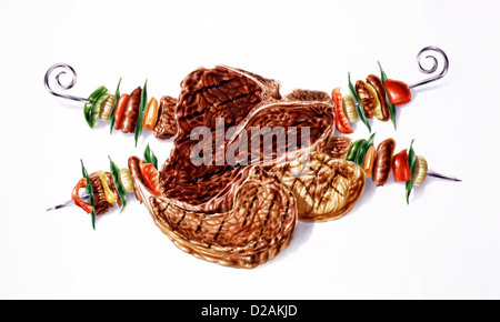 Les steaks grillés brochettes mixtes et composition. Illustration de l'aérographe. Sur fond blanc avec chemin de détourage inclus. Banque D'Images