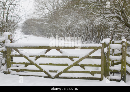 Bar en bois 5 porte dans la neige sur une campagne britannique Angleterre matin hivers Banque D'Images