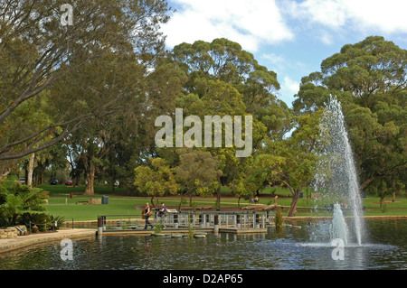 La fontaine dans le lac, King's Park, Perth. Les cellules photovoltaïques solaires fournissent l'alimentation de l'stomalite des pierres dans le lac. Banque D'Images