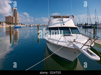 Les bateaux de plaisance à Lawrence street t-chef pier marina, le centre-ville de Tours derrière à la baie de Corpus Christi, Corpus Christi, Texas, États-Unis Banque D'Images