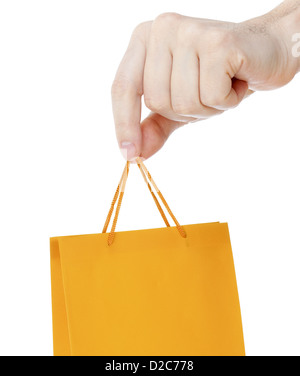 Part close up avec Orange Shopping bag isolated on white Banque D'Images