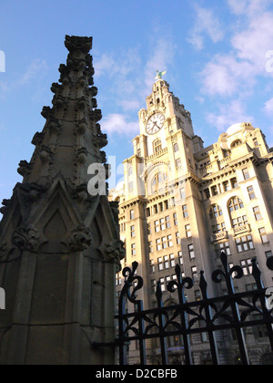 Royal Liver Building, Liverpool, UK, à partir des terrains de l'église paroissiale Notre Dame de Liverpool et de Saint Nicholas Banque D'Images