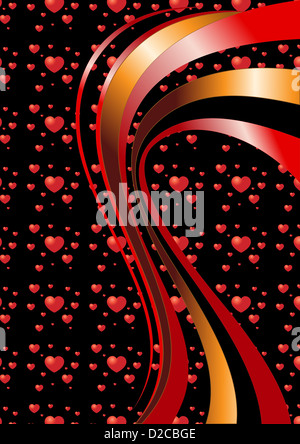 Les courbes lumineuses sur un fond noir avec des coeurs Banque D'Images