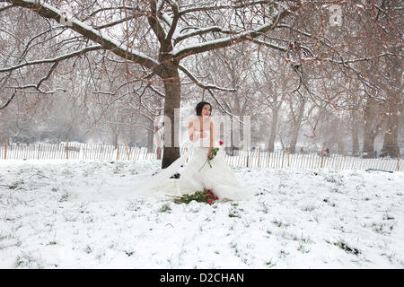 Londres, Royaume-Uni. Dimanche 20 janvier 2013. Mariée chinoise à être Sa Sa (27) avoir quelques photos de mariage prises comme la neige couvre l'automne St James's Park à Londres. Elle est due pour se marier à l'été au Royaume-Uni pour son fiancé Tao Wei (26). Alamy Live News Banque D'Images