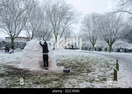 Redland vert, Bristol, UK, samedi 19 janvier 2013, le jeune homme construit un igloo. Alamy Live News Banque D'Images