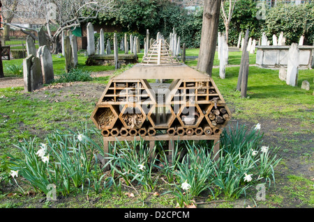 Hôtel Bug d'invertébrés ou les insectes Maison située entre les pierres tombales, cimetière Bunhill Fields Banque D'Images