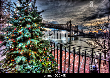 L'Ed Koch Queensboro Bridge, également connu sous le nom de la 59ème Street Bridge with Christmas Tree Banque D'Images