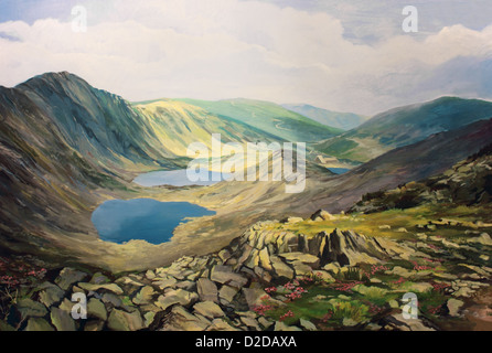Une peinture à l'huile sur toile d'une vue panoramique depuis le pic Musala au Rila, Bulgarie. Banque D'Images