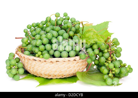 Des raisins verts vert vin sec se trouvent dans un panier macro. Isolated on white Banque D'Images