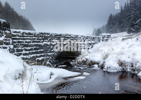 Un petit ruisseau coule sous un petit pont de pierre sur la neige, un jour brumeux Banque D'Images