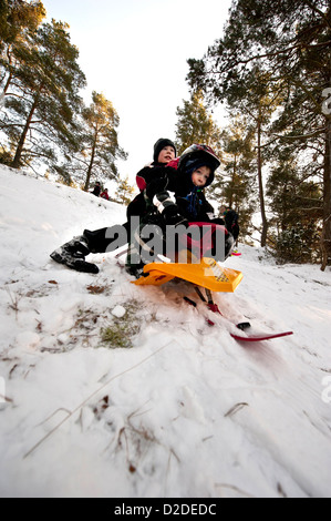 Deux jeunes garçons en descente sur un traîneau à neige Banque D'Images