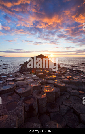 Coucher de soleil sur le Giant's Causeway, le comté d'Antrim, en Irlande du Nord.