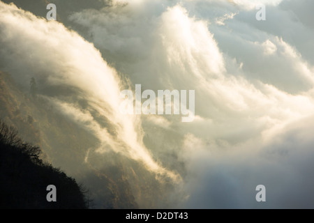 Mist remontant la vallée de la modi Khola dans le sanctuaire de l'Annapurna dans l'Himalaya, Népal Banque D'Images