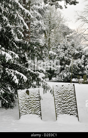 Arbres couverts de neige et de pierres tombales dans le cimetière autour de St Marys dans Hinckley Banque D'Images