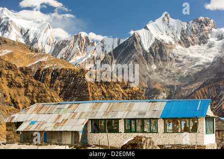 Une maison de thé lodge au camp de base de l'Annapurna Himalaya, Népal, regardant vers la queue de poisson en Crête. Banque D'Images