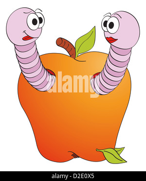 Cartoon smiling worms caractère dans apple illustration isolé sur fond blanc Banque D'Images