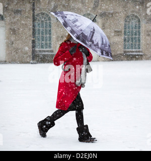 Une femme marche dans la neige à Victoria Square, Birmingham, UK. Le cadre décrit les Chambres du Parlement à Londres. Banque D'Images