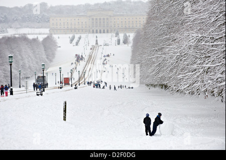 Les familles jouant sur la neige dans les motifs pour Stormont Estate Banque D'Images