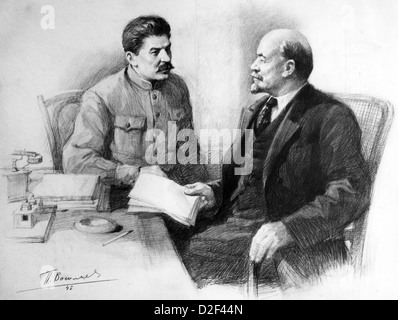 JOSEPH STALINE à droite avec Vladimir Lénine dans un dessin de Pietr Vassilyev 1945 Banque D'Images