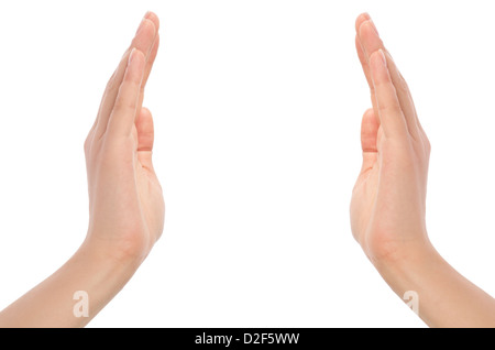 Close-up of woman's hand, paume vers le haut. Isolé sur fond blanc Banque D'Images