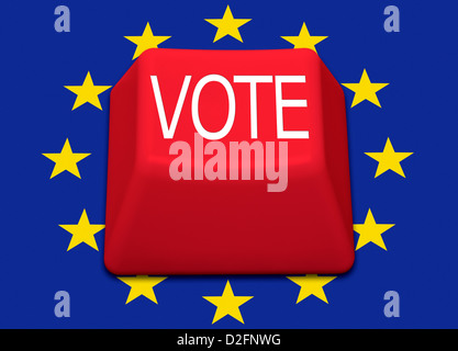 Ordinateur rouge isolé avec le mot clé Vote sur un drapeau de l'Union européenne contexte - Royaume-Uni référendum sur l'Europe vote Banque D'Images