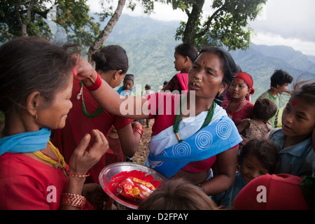 Sanamaya Chepang est de donner aux gens Tika lors d'un rassemblement dans les montagnes, une tradition hindoue signifiant bonne chance et de la santé. Banque D'Images