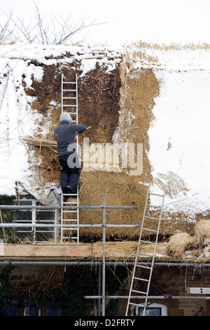 Un ouvrier d'un toit de chaume dans la neige dans Oxfordshie Angleterre Banque D'Images