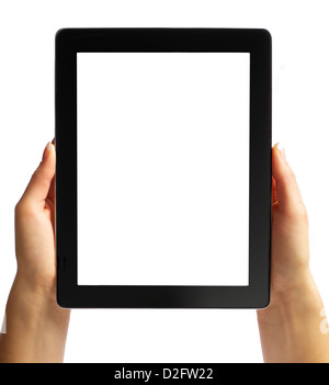 Tablette numérique avec écran blanc dans la main isolé en fond blanc Banque D'Images