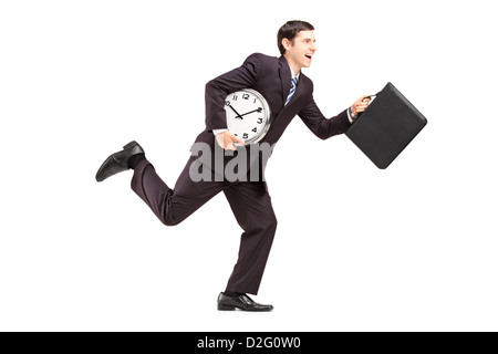 Portrait d'un homme d'exécution avec horloge et porte-documents isolé sur fond blanc Banque D'Images