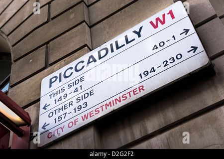 Plaque de rue Piccadilly, Londres, UK Banque D'Images