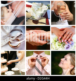 Collage de 9 photos du mariage dans de douces - ton bleu Banque D'Images