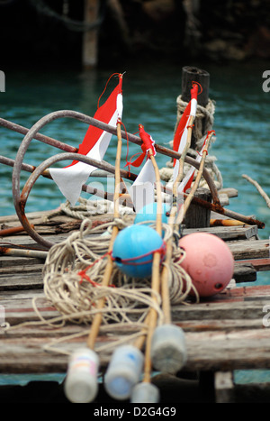 Flotteurs de pêche et marqueurs net allonger au soleil sur un vieux ponton en bois Banque D'Images