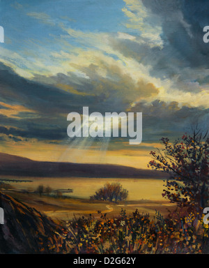 Une peinture à l'huile sur toile d'un coucher de soleil colorés avec un brillant rayon de lumière brillant à travers les nuages et un lac paisible. Banque D'Images