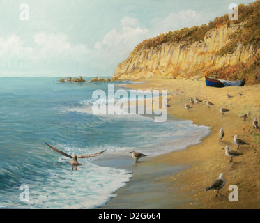 Une peinture à l'huile sur toile d'un été à la plage. Plage isolée comme un royaume de tranquillité, avec un bateau de pêche. Banque D'Images