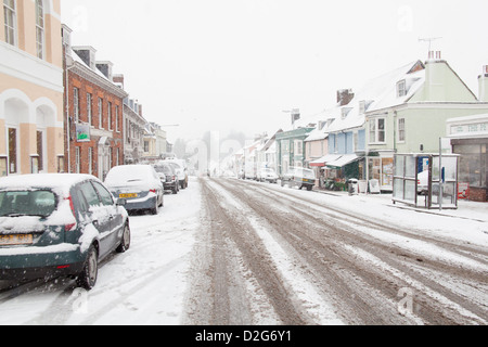 La ville de marché de Alresford couvertes de neige, Hampshire, Angleterre, Royaume-Uni, Banque D'Images