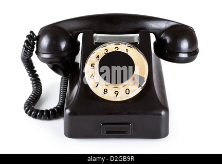 Vieux téléphone vintage noir avec cadran rotatif sur fond blanc Photo Stock  - Alamy