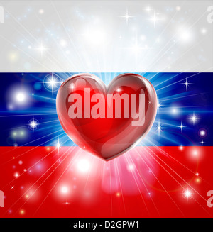 Drapeau de la Russie avec l'arrière-plan patriotique ou pyrotechniques light burst et coeur d'amour dans le centre Banque D'Images