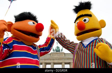 Deux personnes vêtues comme Sesame Street's Ernie (L) et Bert se tenir devant la porte de Brandebourg à Berlin, Allemagne, 24 janvier 2013. Il y a 40 ans, Ernie et Bert créée à la télévision allemande. Photo : Sven Hoppe/Alamy live news. Banque D'Images