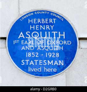 Herbert Henry Asquith Premier ministre blue plaque pour le premier comte d'Oxford et Asquith 20 Cavendish Square London England UK Banque D'Images