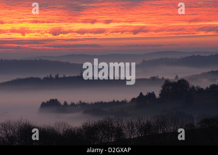 Frühnebel bei Sonnenbühl auf der Schwäbischen Alb, Sonnenaufgang mit Blick nach Osten, im Hintergrund Die Alpen sichtbar Banque D'Images