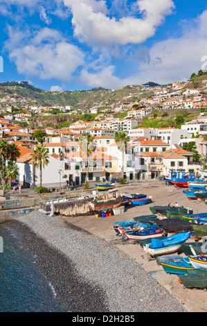 Port et port de Camara de Lobos, avec des bateaux de pêche traditionnels, côte sud de Madère, Portugal, Union européenne, Europe Banque D'Images