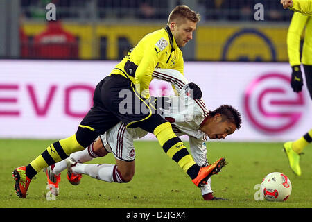 Dortmund, Allemagne. Le 25 janvier 2013. L'Jakub Blaszczykowski Dortmund (L) et de Nuremberg's Hiroshi Kiyotake rivalisent pour le ballon pendant le match de football de la Bundesliga entre Borussia Dortmund et FC Nuremberg au Signal Iduna Park de Dortmund, Allemagne, 25 janvier 2013. Photo : Kevin Kurek# / Alamy Live News Banque D'Images