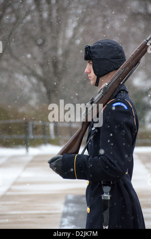 Tombeau des inconnus Sentinel Snow Arlington Virginie / ARLINGTON, Virginie - Une sentinelle du 3rd U.S. Infantry Regiment (« la vieille garde ») pèse devant le tombeau des inconnus au cimetière national d'Arlington alors que la neige s'accumule sur la place. Le garde marche précisément 21 marches le long du tapis noir, puis s'arrête 21 secondes chacune face à l'est et au nord avant de faire marche arrière - une cadence rituelle faisant écho au salut des 21 canons. La vieille Garde a maintenu cette surveillance ininterrompue de 24 heures depuis son entrée en tutelle permanente le 6 avril 1948. Banque D'Images
